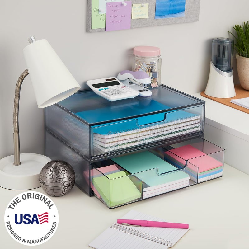 STORi STAX Plastic Stackable Organizer Drawers (Set of 2) Classic Grey | 12.5"" Wide | Set Includes One Open Drawer & One Divided Drawer | Organize Office Desk Accessories & Sort Paper | Made in USA - Image 2